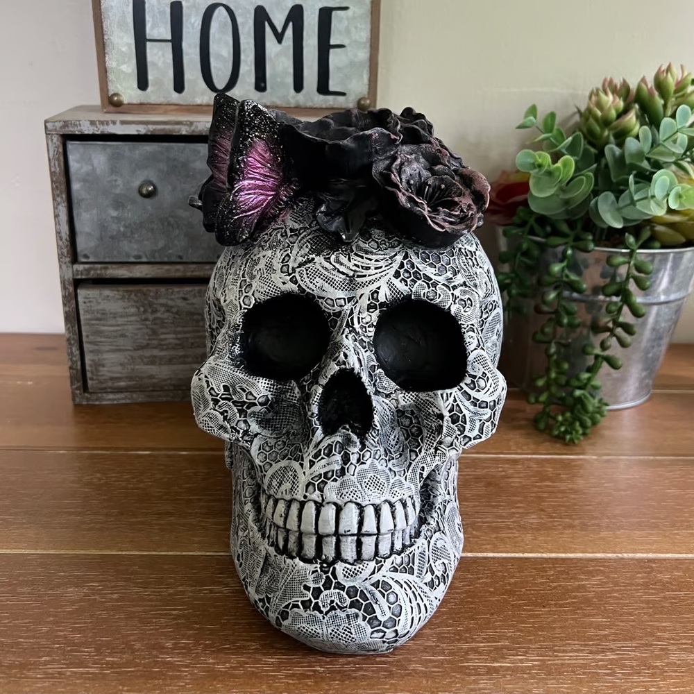 New Gothic Lace Skull with Flowers and Butterfly